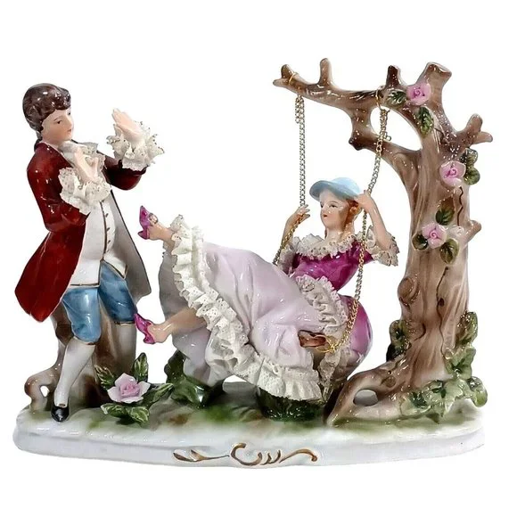 Romantic Dresden Lace Figurine Sculpture Man Woman Tree Swing Capodimonte - Picture 4 of 16